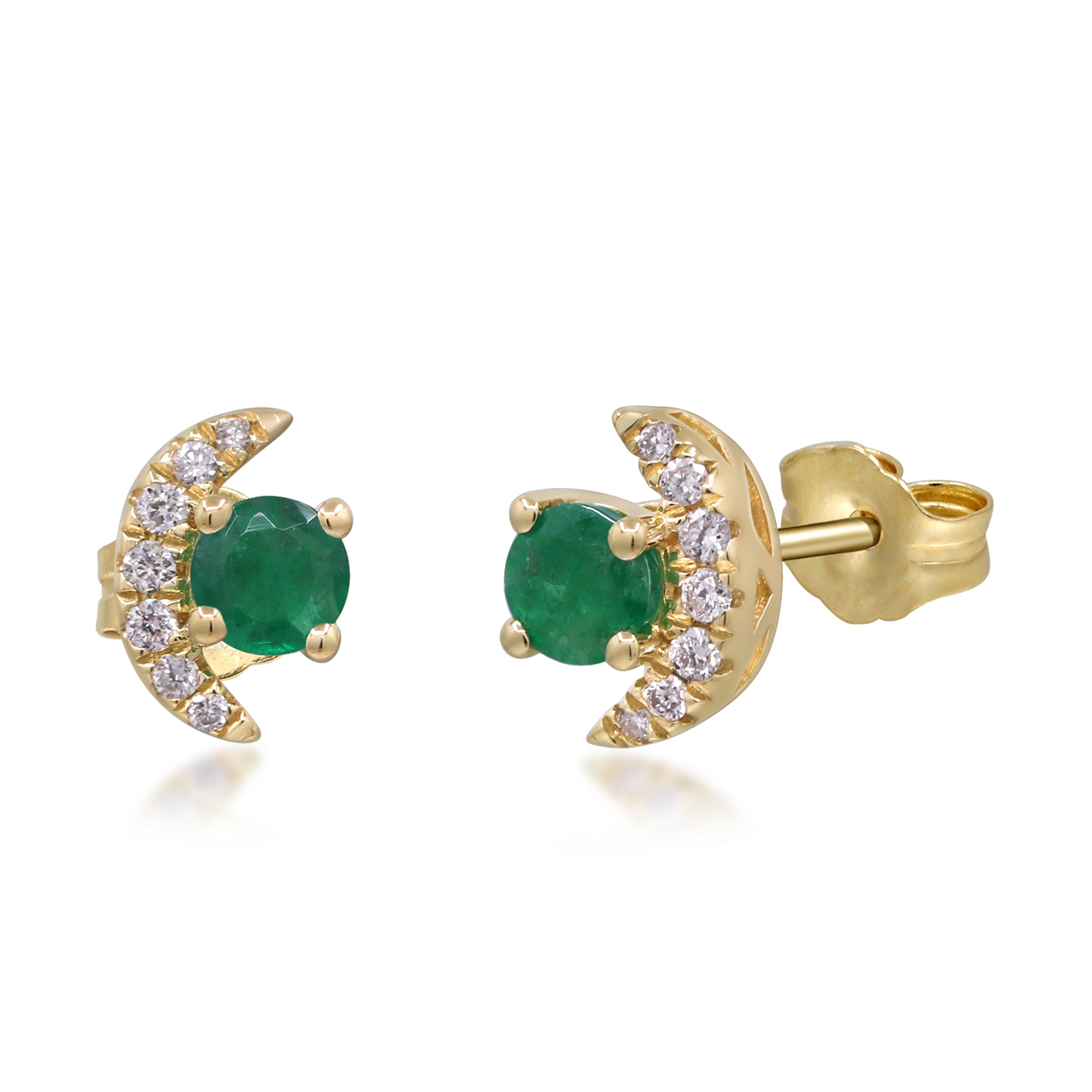 Emerald and Diamond Crescent Moon Studs – Celestial Elegance with Vibrant Touch