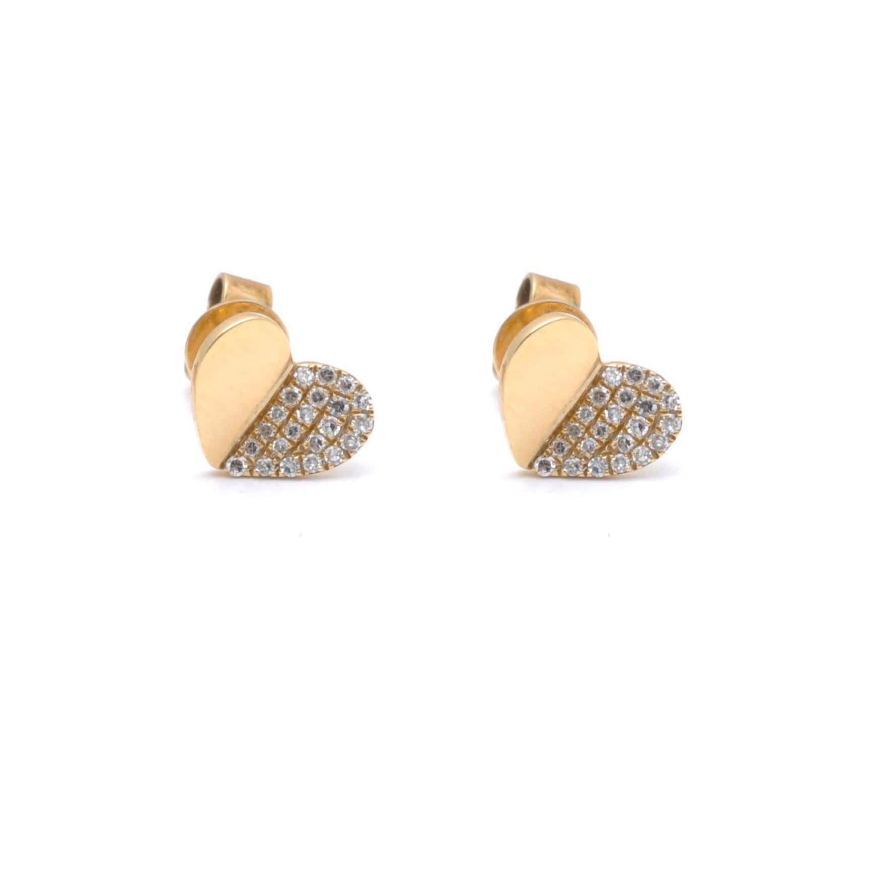 Amazing Grace EARRINGS Yellow Gold Half Pave Diamond Heart Studs