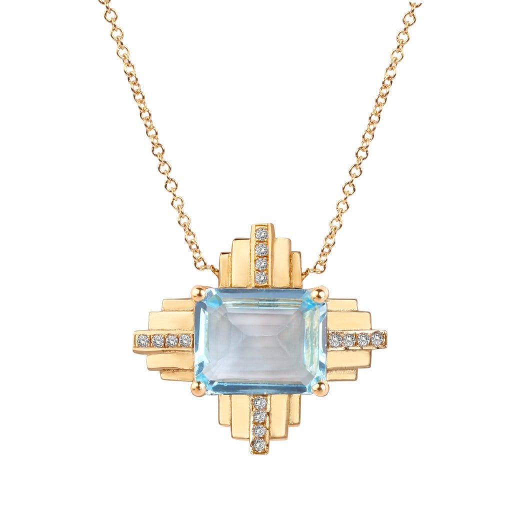 Tarrah NECKLACES Blue Topaz Diamond Yellow Gold Deco Pendant